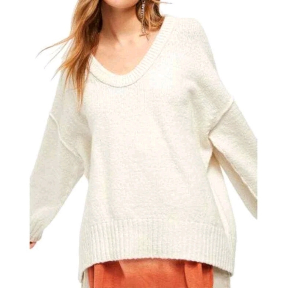 Free People Cream Oversized Deep V Neck Sweater‎ Boho Slouchy Knit Pullover S